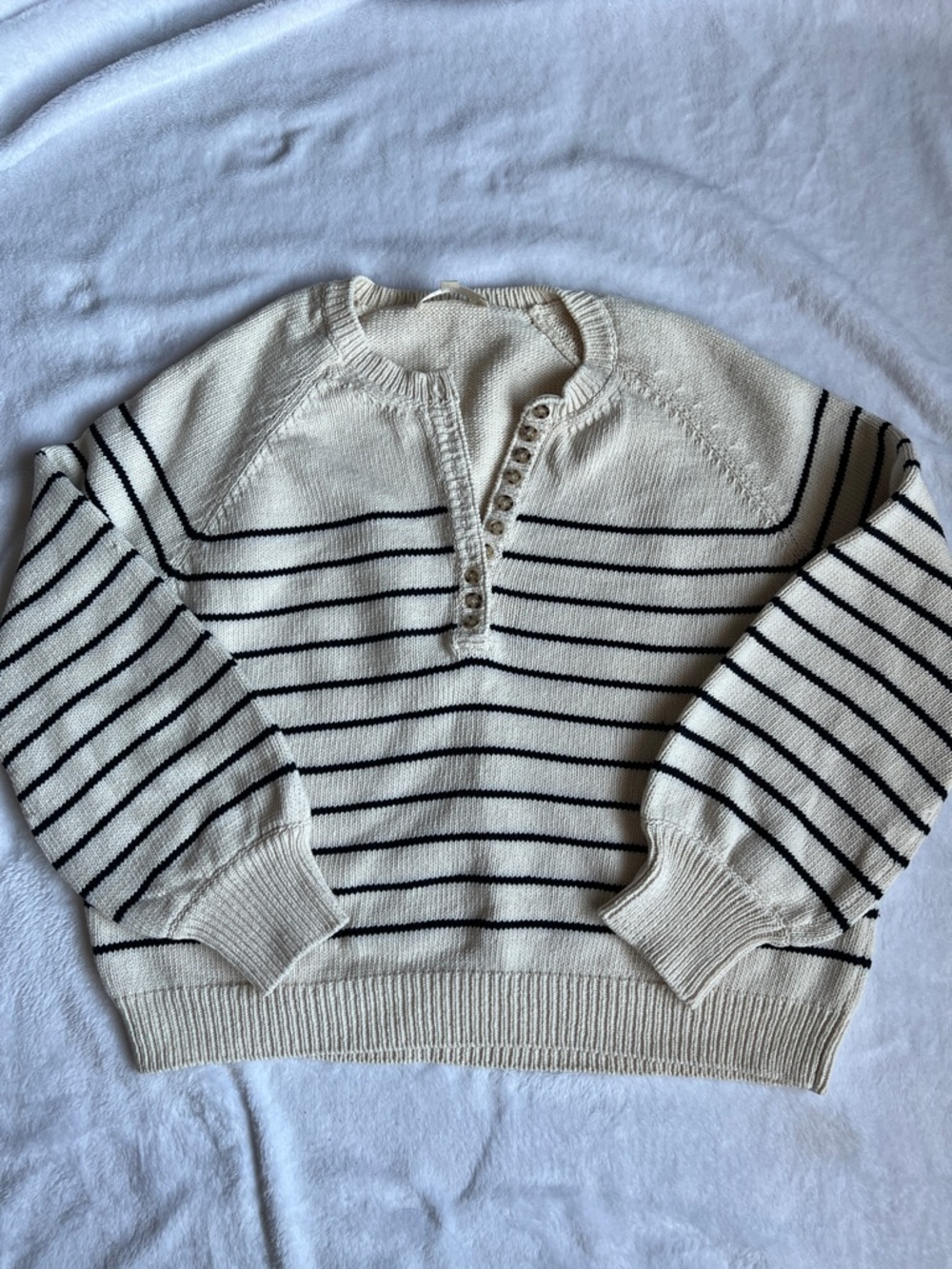 Sezane Leontine Cream and Navy Striped Henley Knit Sweater
